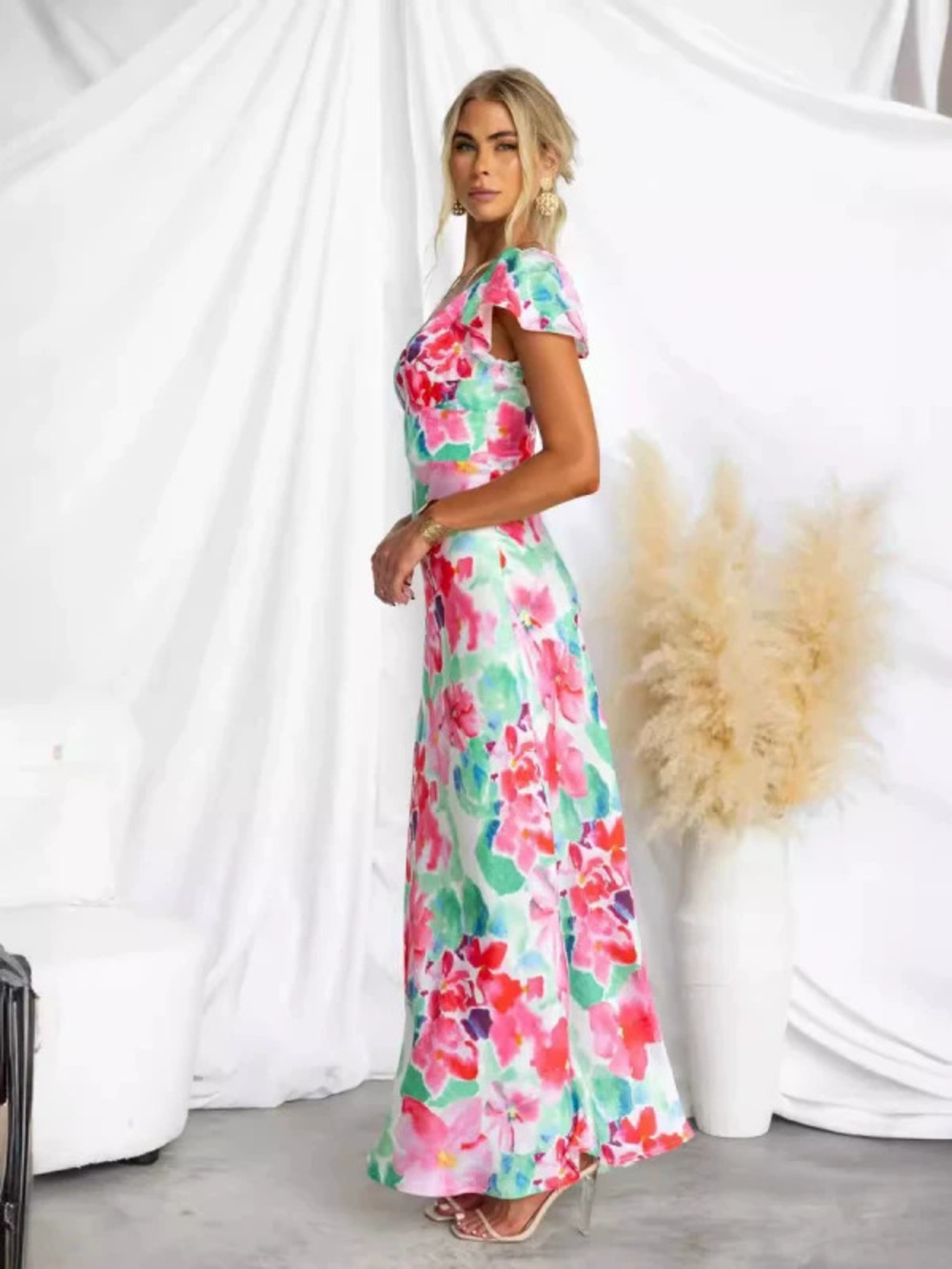 Spring Summer Fresh Sweet Floral Square Neck Ruffle Sleeve Midi Dress